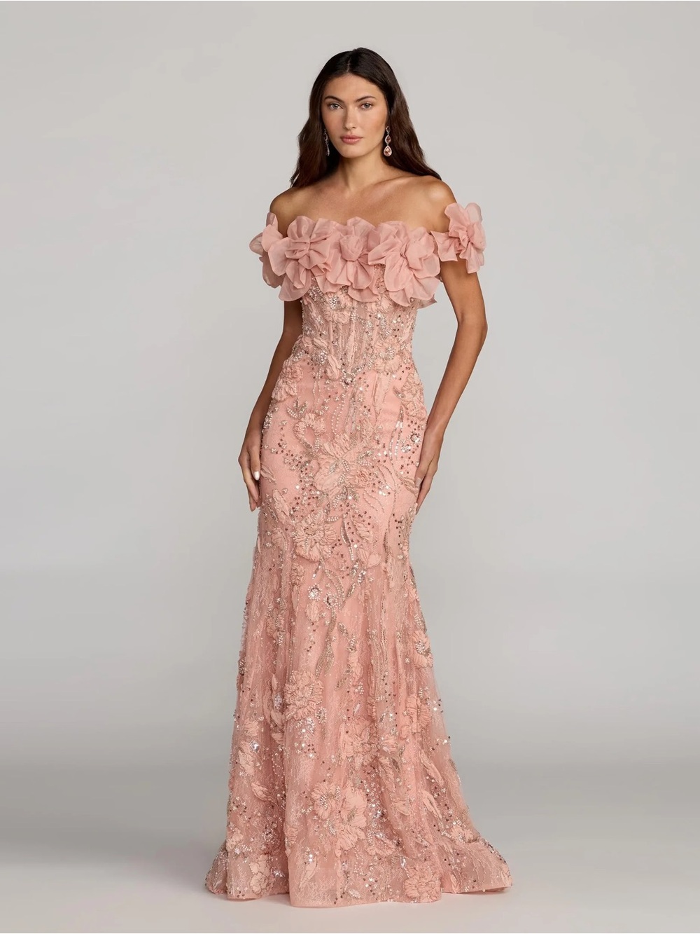 NWT Mac Duggal $1,490 Off Shoulder Floral Appliqué Evening Gown Black Tie Sz 6